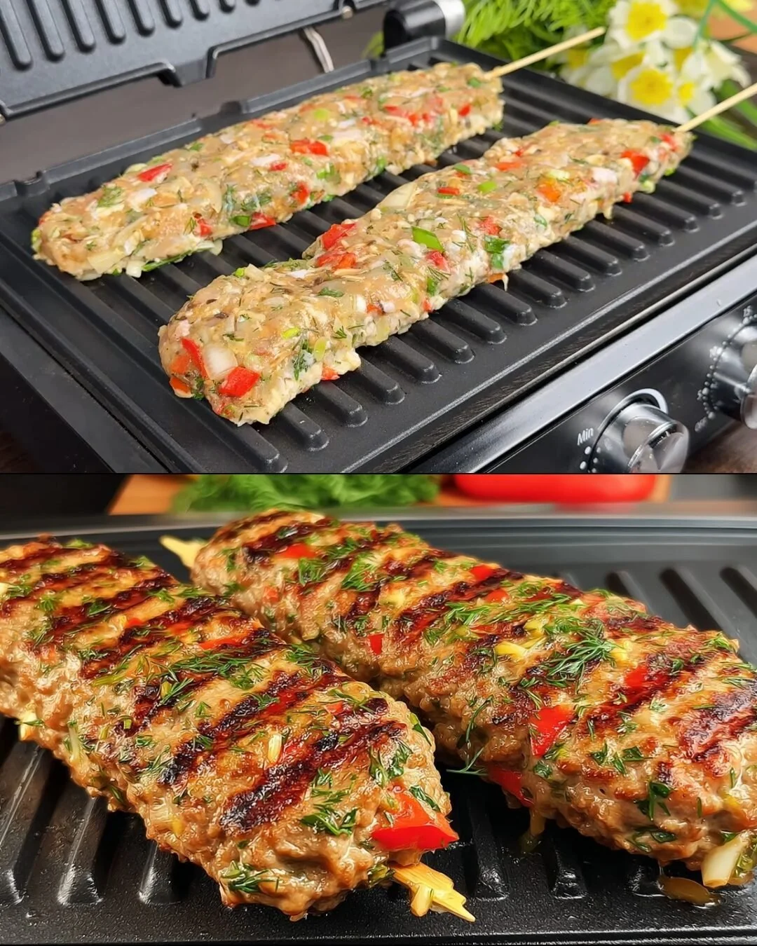 Gegrilde gehakt kebabs met kleurrijke groenten op een grillplaat