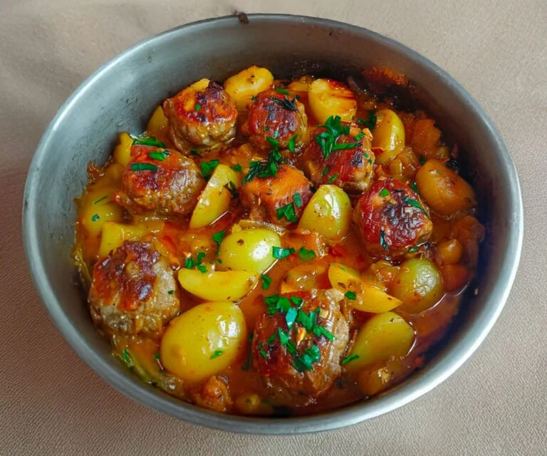 Gehaktbal met aardappelstoofpot op een bord