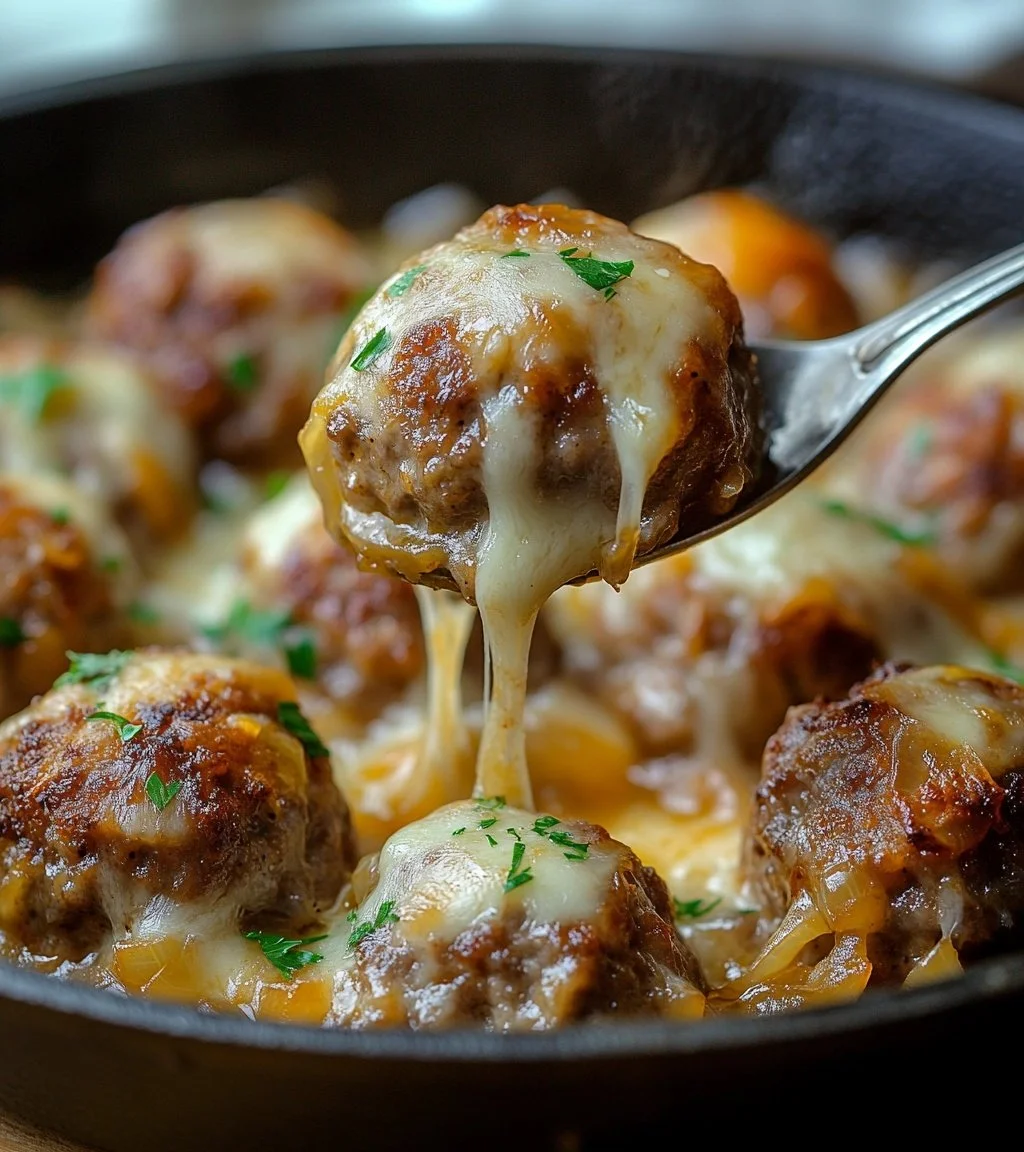 Heerlijke gehaktballen in kaassaus geserveerd met verse kruiden.