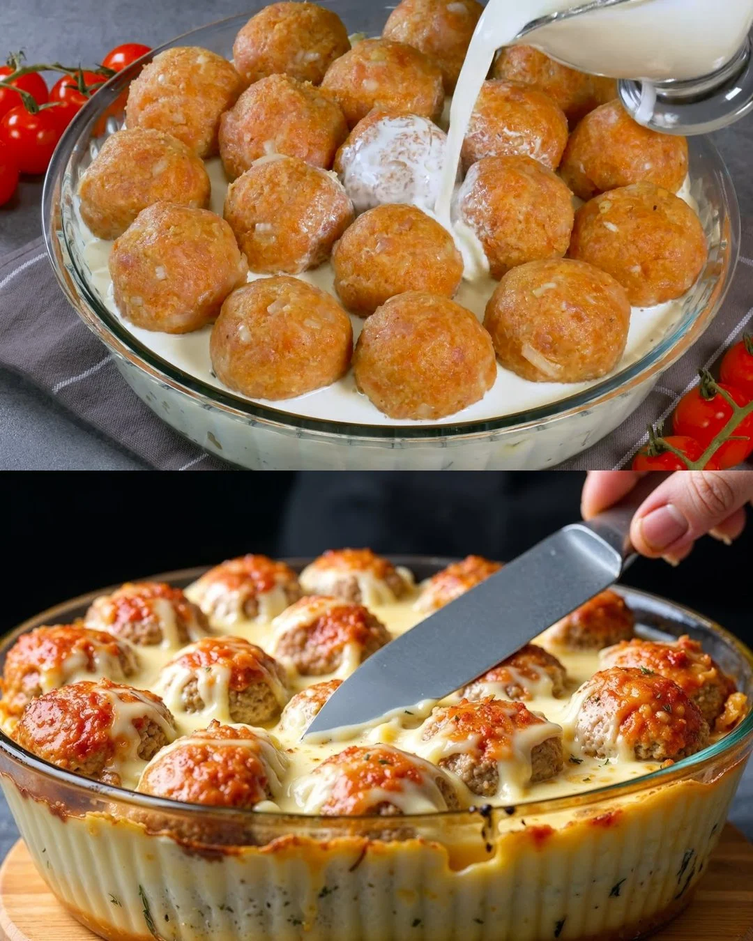 Gehaktballen in romige saus geserveerd met aardappelpuree en groenten
