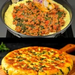Gelaagde Aardappel en Vlees bake met spinazie en kruiden in een schaal