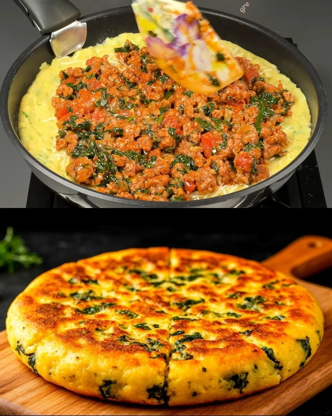 Gelaagde Aardappel en Vlees bake met spinazie en kruiden in een schaal