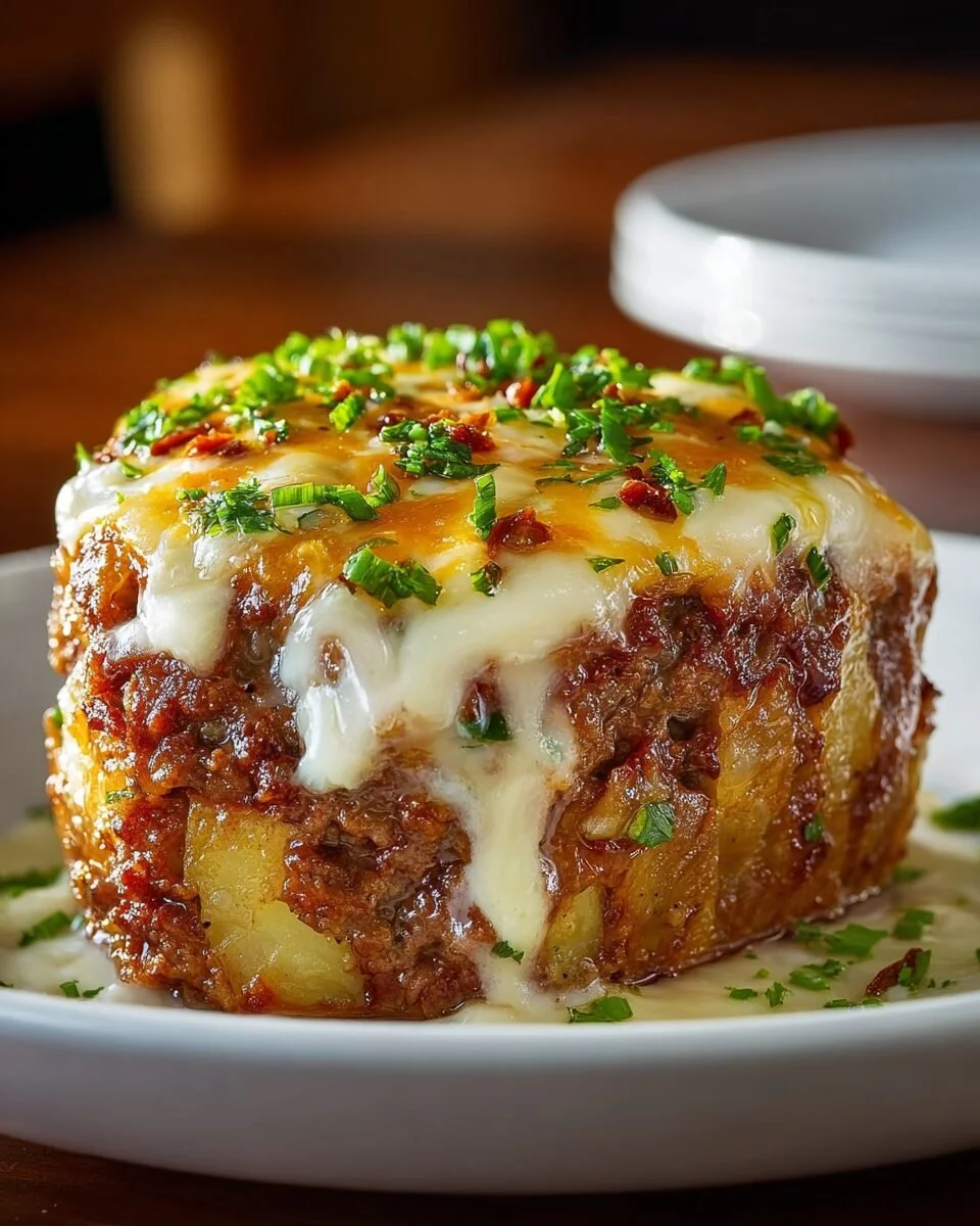 Gelaagde aardappel meatloaf op een bord, geserveerd met groenten.