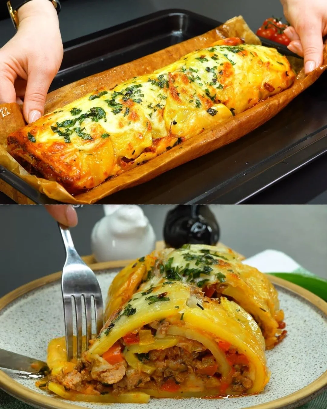 Gevulde aardappel- en vlees casserole met mozzarella en kruiden.