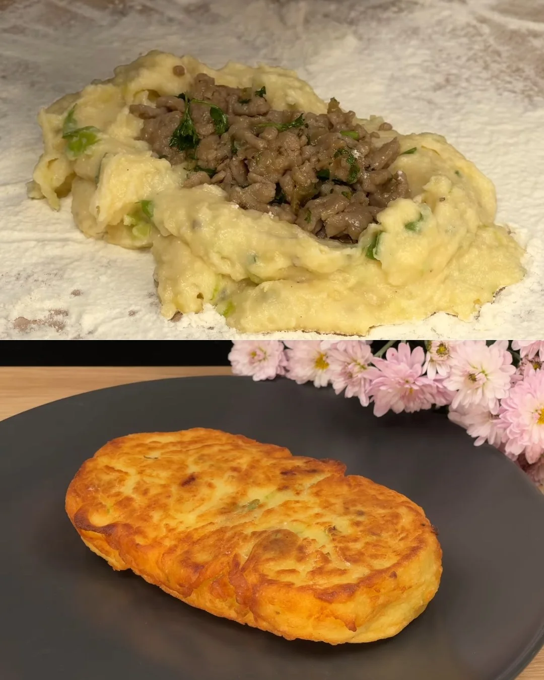 Gevulde aardappel- en vleesrollen met romige kruiden saus op een bord