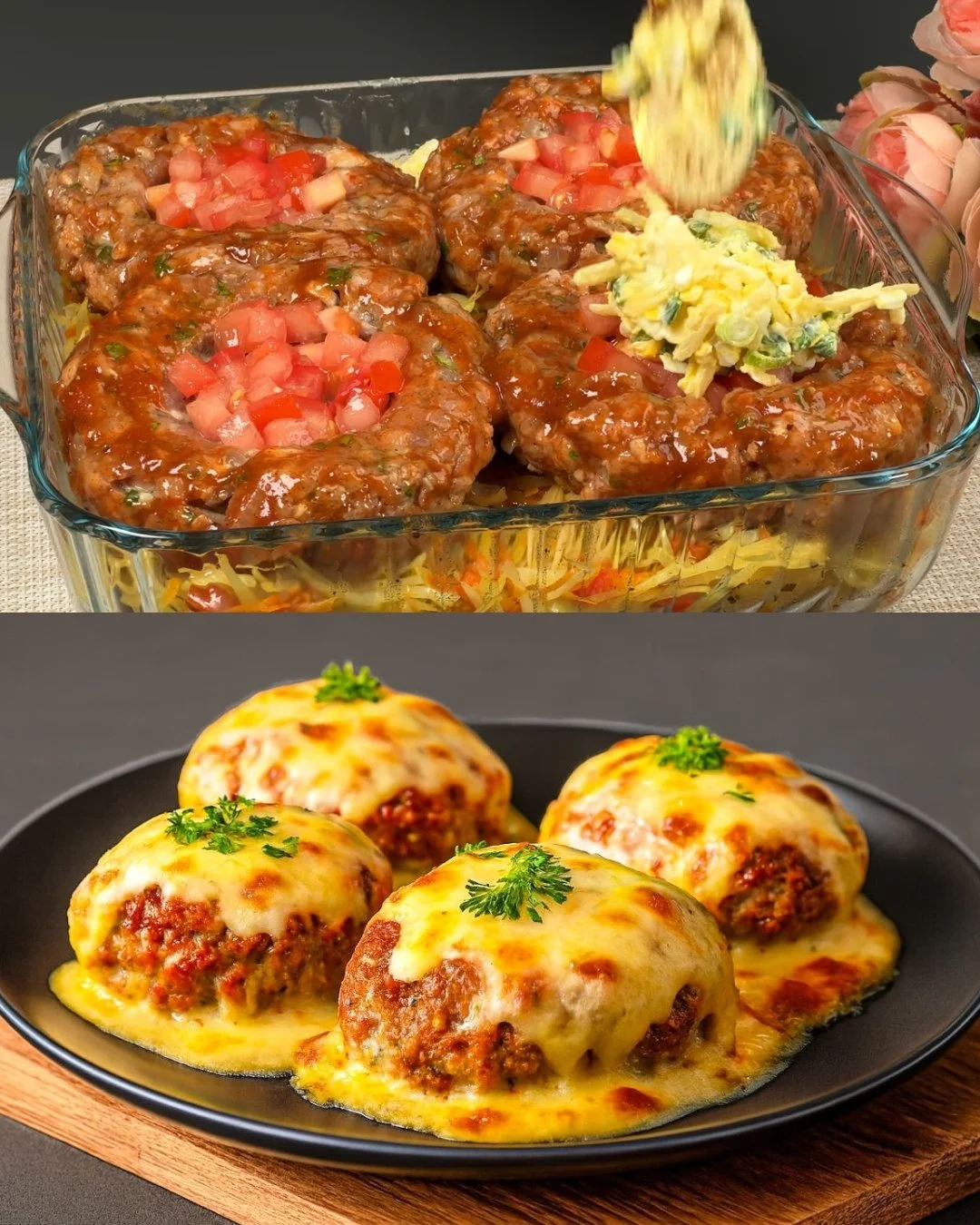 Gevulde gehaktballen met aardappelen en avocado salade op een bord.