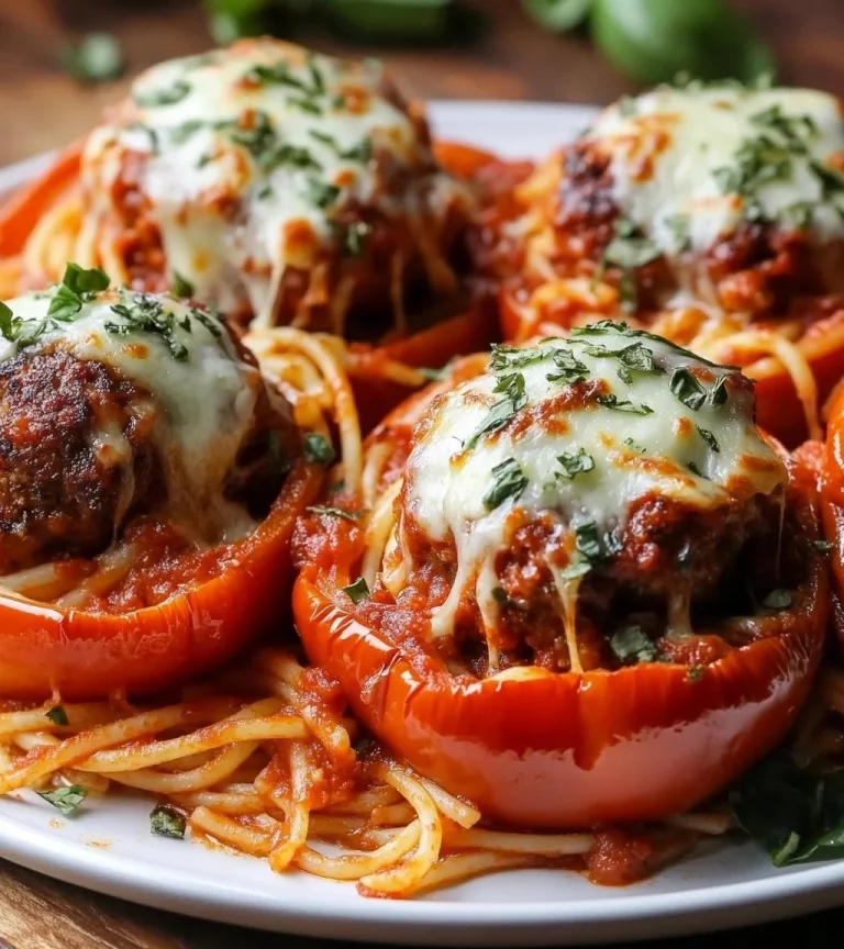 Gevulde paprika's met spaghetti en gehaktballen op een bord