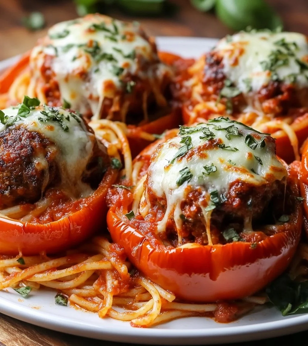 Gevulde paprika's met spaghetti en gehaktballen op een bord