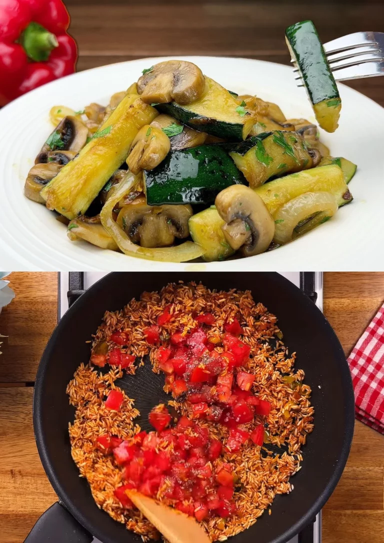 Gouden courgette en champignons met spicy tomatenrijst op een bord