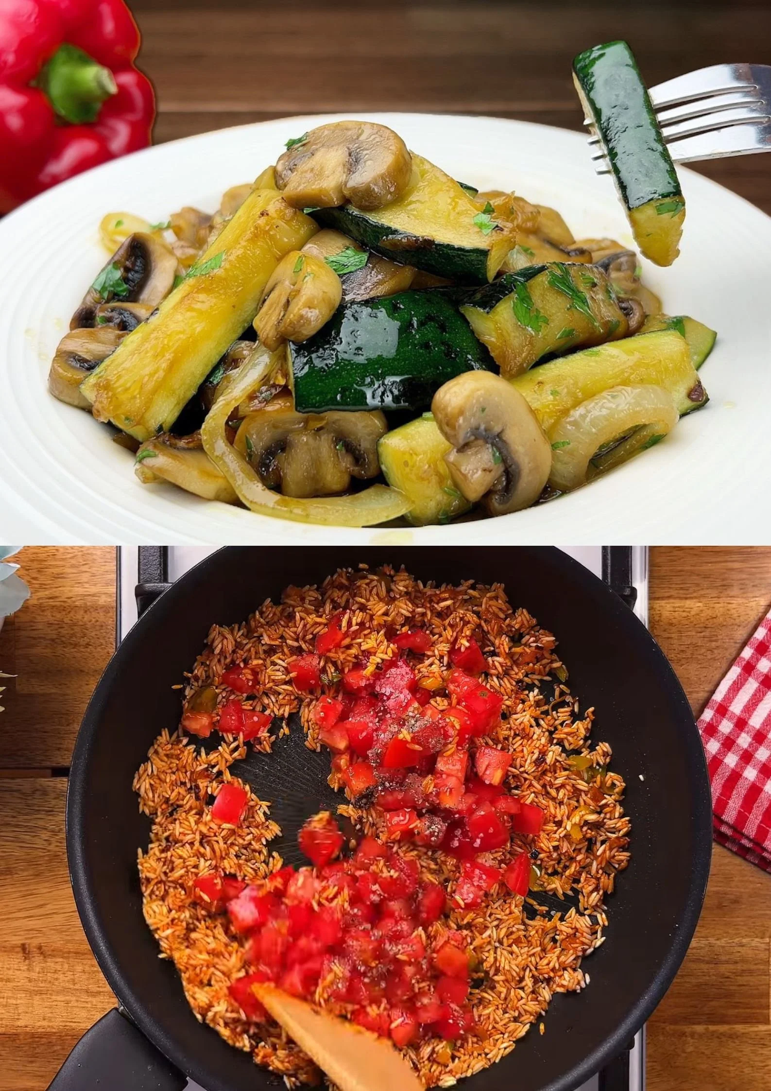 Gouden courgette en champignons met spicy tomatenrijst op een bord