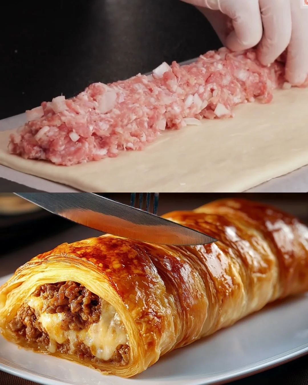 Hartige gehakt- en kaaspastei vers uit de oven, klaar om te serveren.