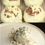 Kaasachtige gebakken aardappelpuree ballen met gehakt en champignonroomsaus