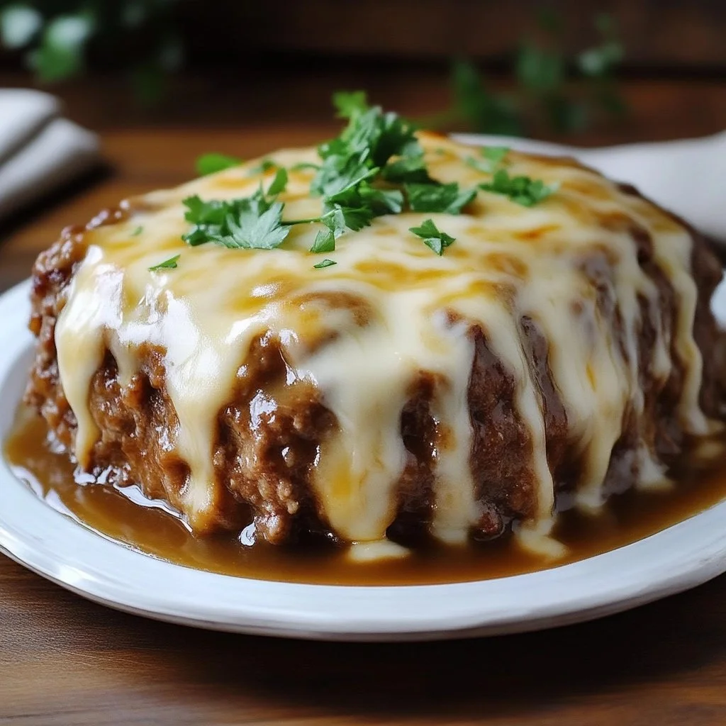 Kaasachtige gehaktbal met jus, een smaakvol gerecht vol genieten.