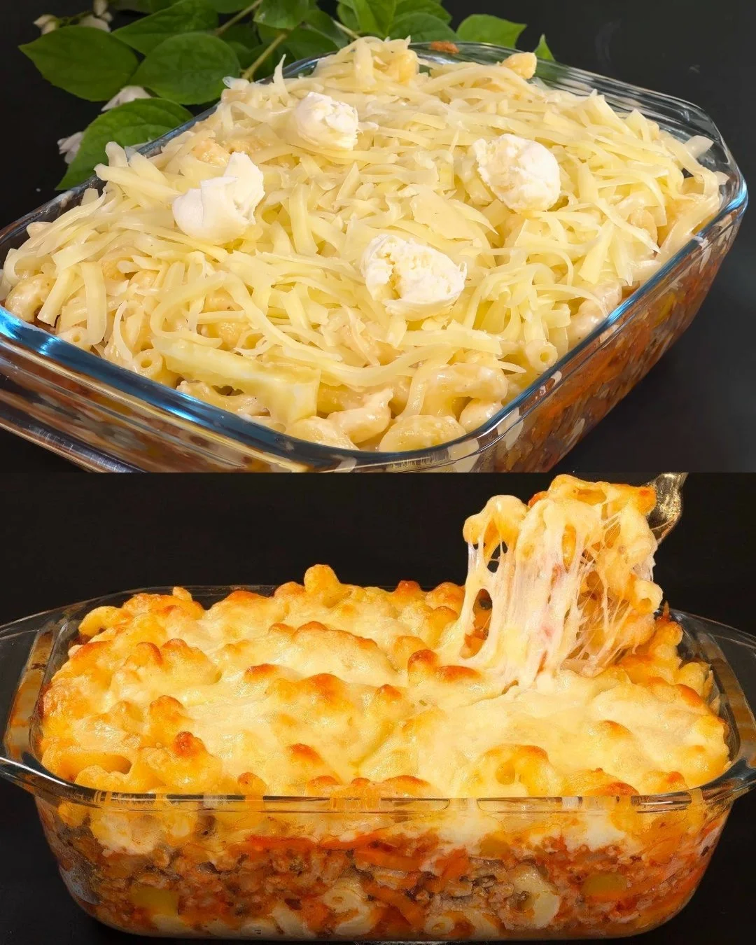 Kaasachtige pastaschotel met vleessaus en witte saus op een bord.