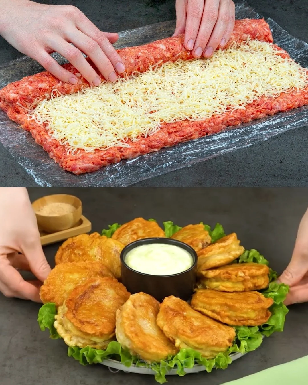 Kaassoepgehaktrollen met romige parmezaansaus op een bord