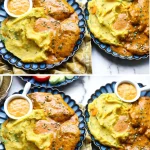 Kip in Ras el Hanout saus met een zijde van aardappel-wortelpuree