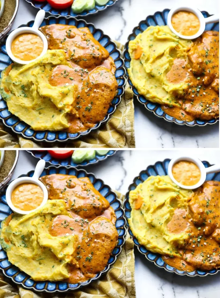 Kip in Ras el Hanout saus met een zijde van aardappel-wortelpuree