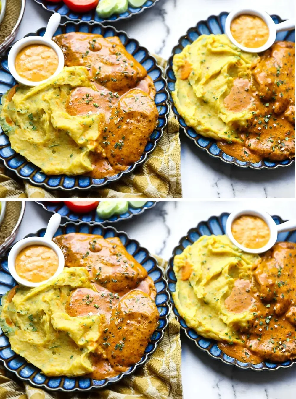 Kip in Ras el Hanout saus met een zijde van aardappel-wortelpuree