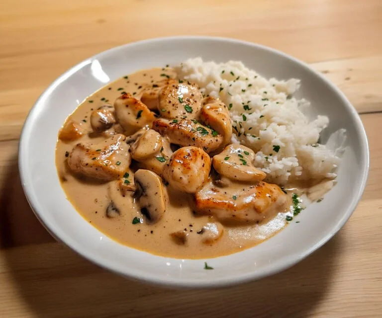 Kip Stroganoff gerecht met romige saus en paddenstoelen
