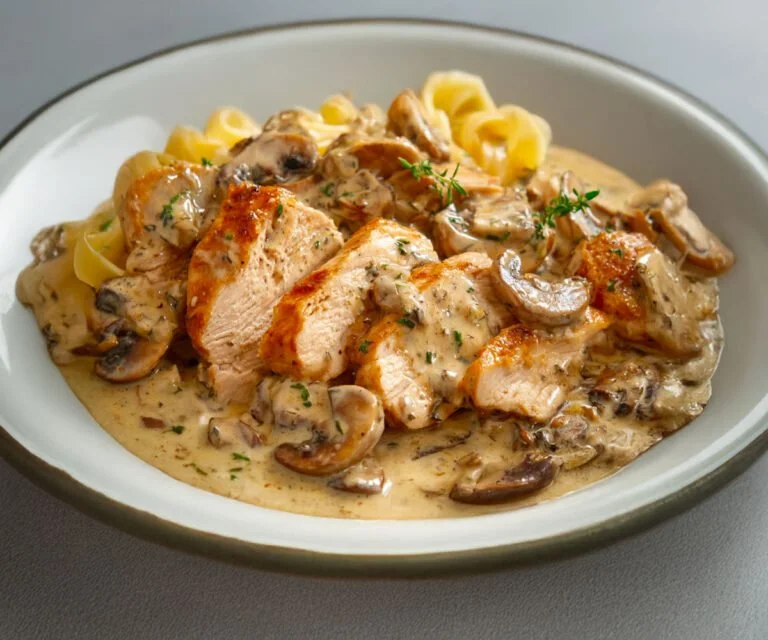 Kip van kalkoen met heerlijke roomsaus op een bord