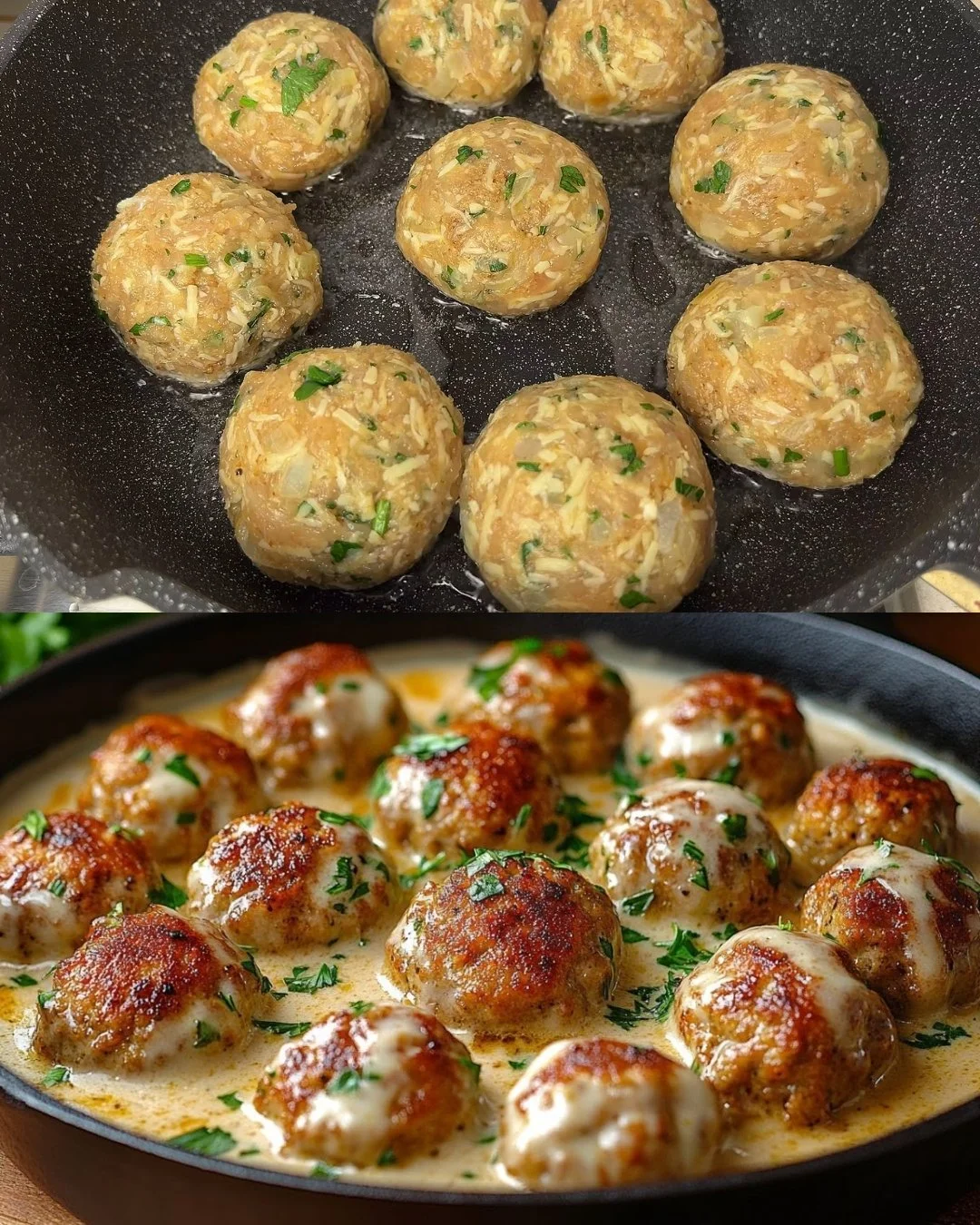 Kipballetjes met romige saus en aardappelpuree op een bord