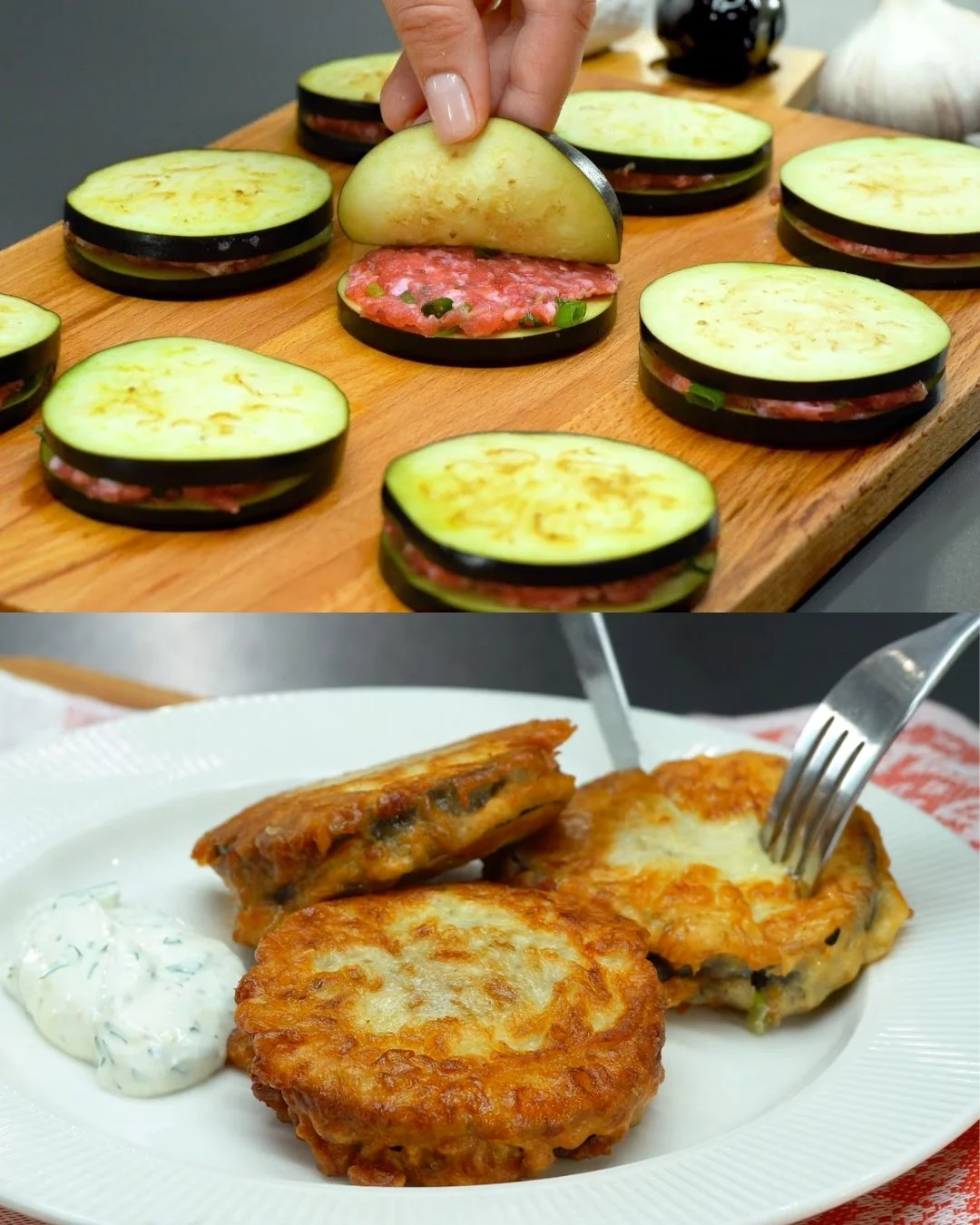 Krokante aubergine burgers met gehakt en yoghurtsaus op een bord