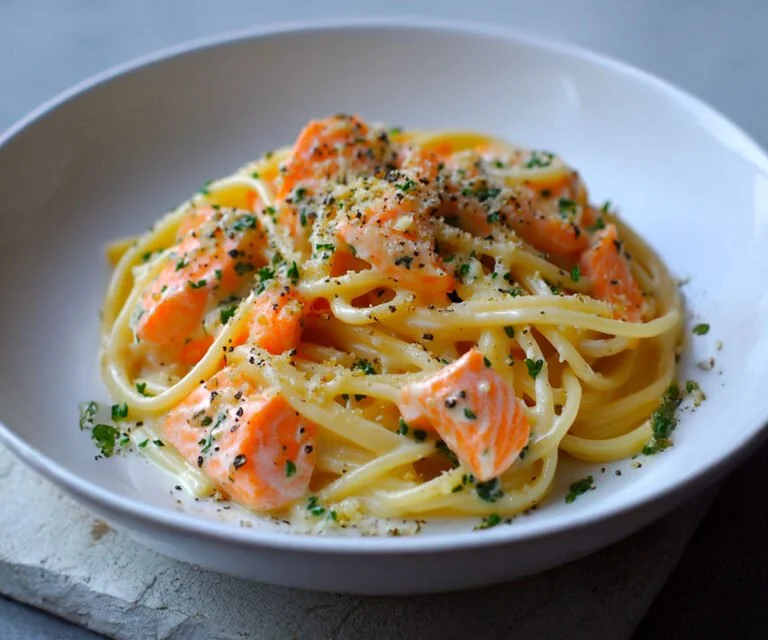 Een bord pasta met zalm en room in een stijlvolle setting