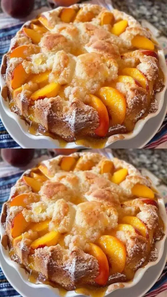 Perzikcake met streuseltopping op een bord, versierd met verse perziken.