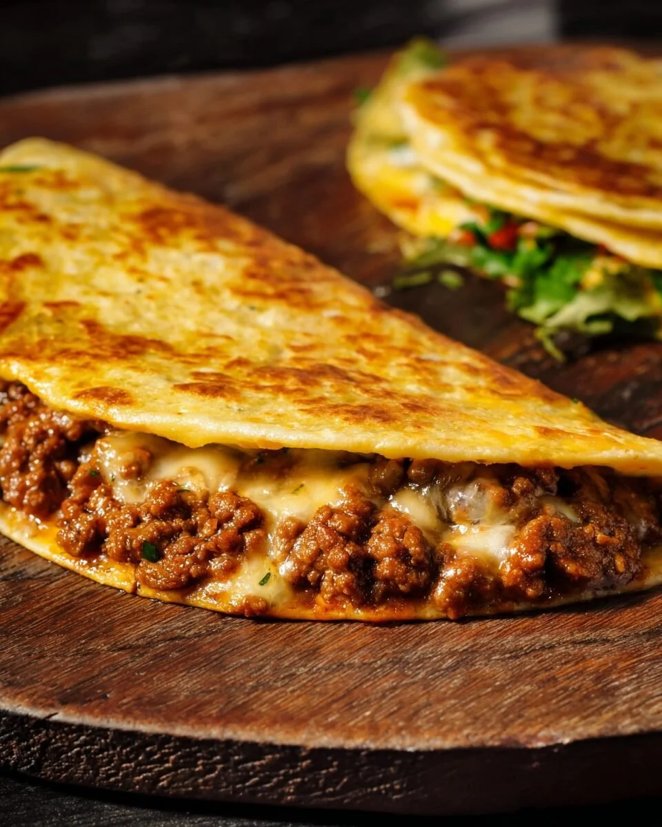 Quesadilla met gemalen vlees en eieren, een smakelijk en voedzaam gerecht.