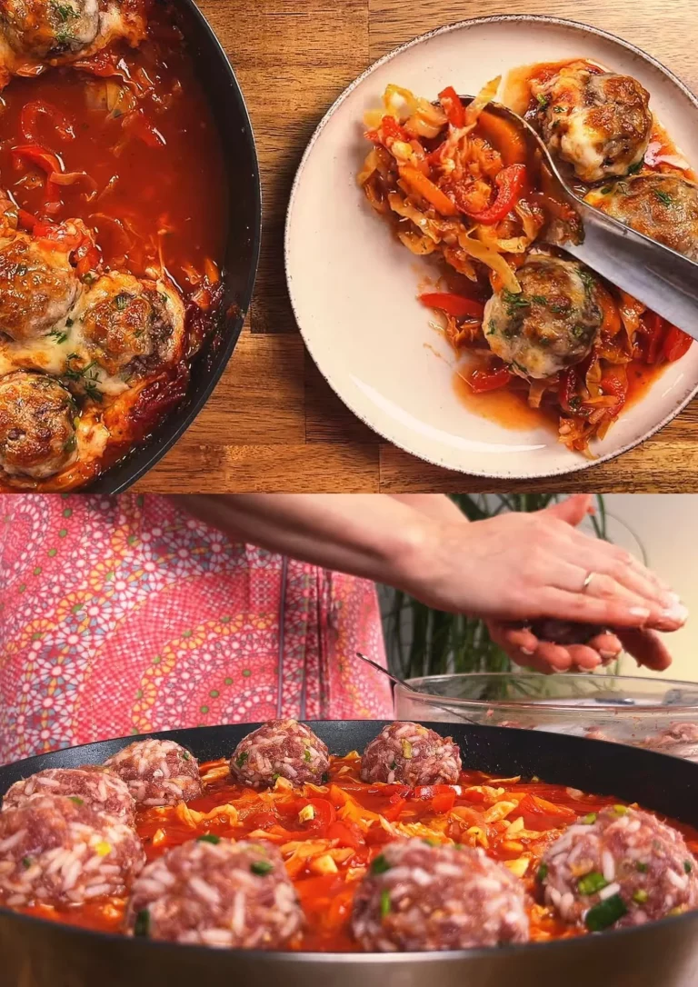 Rijstkoolcasserole met gemalen vlees en romige dille knoflooksaus.