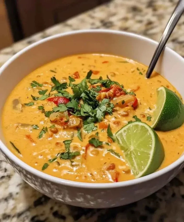 Rode Linzen Curry Soep met kruiden en groenten in een kom.