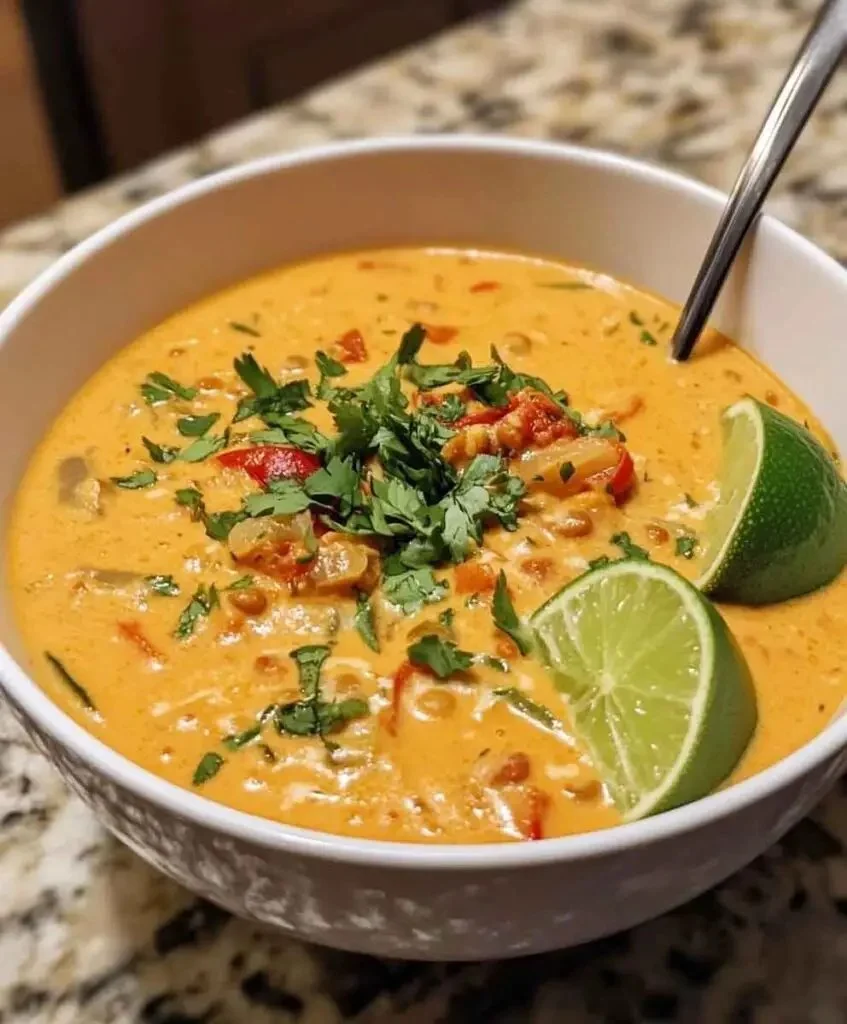 Rode Linzen Curry Soep met kruiden en groenten in een kom.