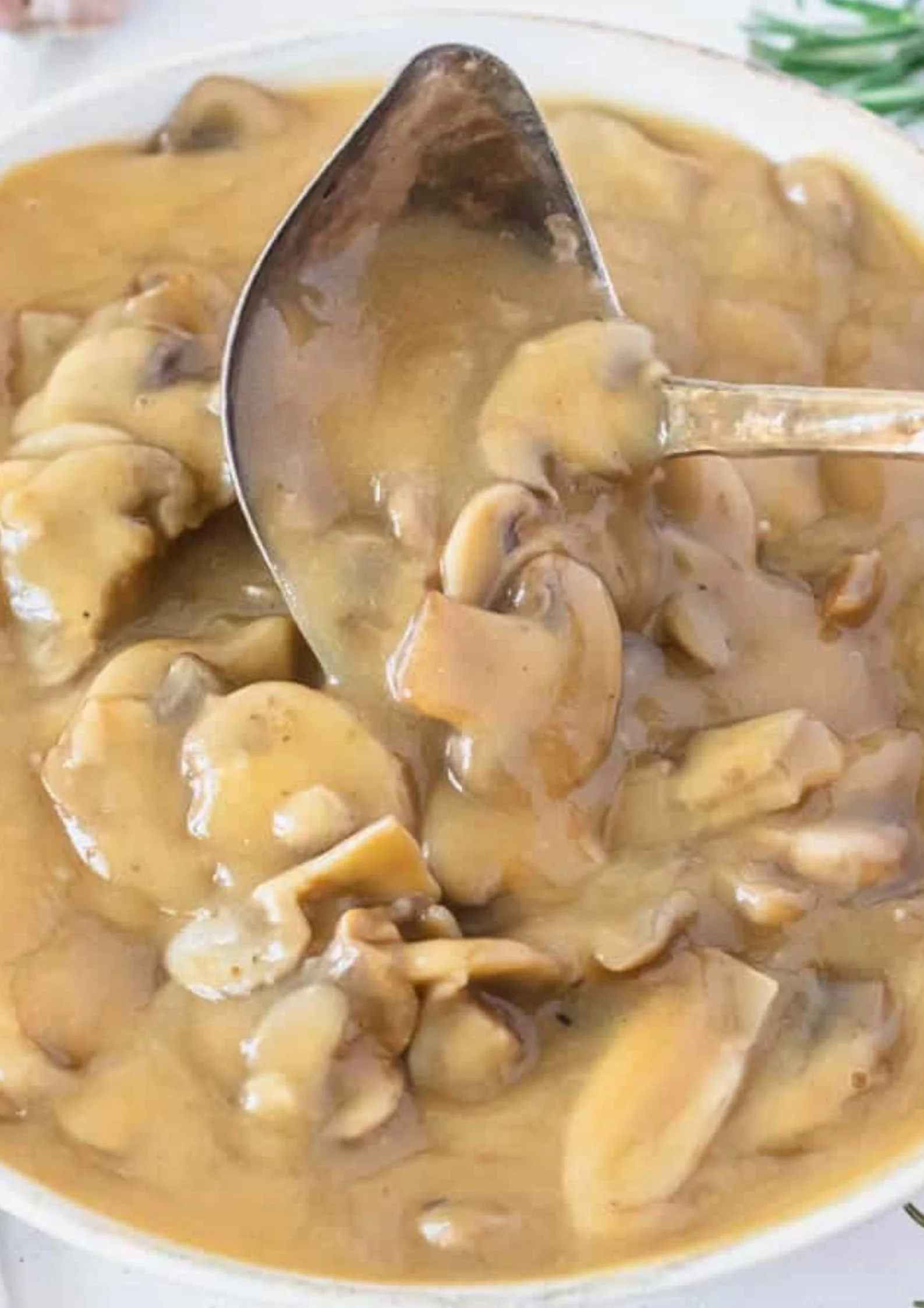 Romige champignonsaus met verse kruiden op een bord.