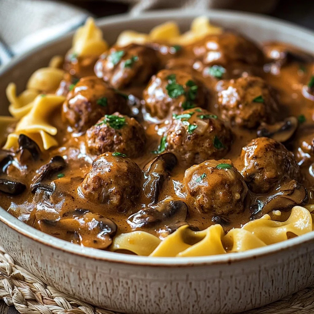 Romige Gehaktballen Stroganoff geserveerd met pasta