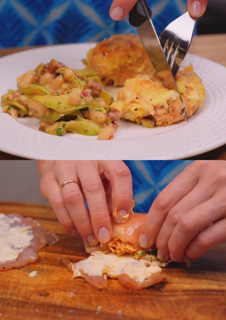 Romige Kippenrollen gevuld met champignonkaas en geserveerd met bonensalade