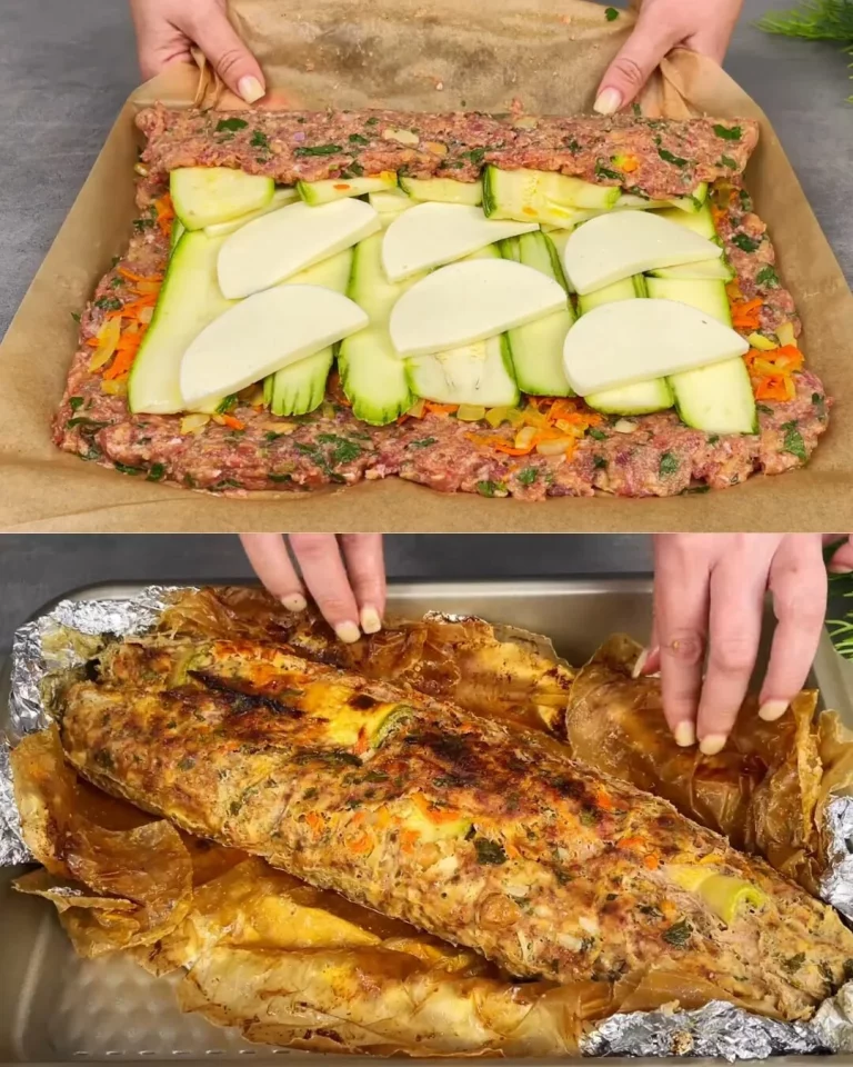 Sappige vlees rol gevuld met courgette en mozzarella in kruiden saus