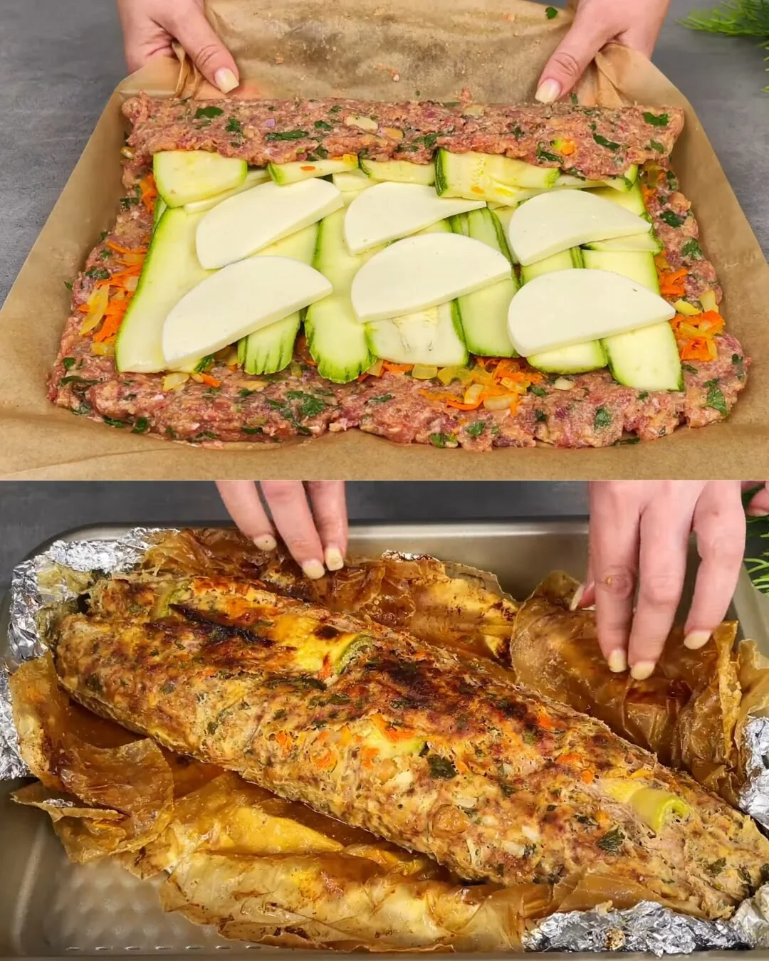 Sappige vlees rol gevuld met courgette en mozzarella in kruiden saus