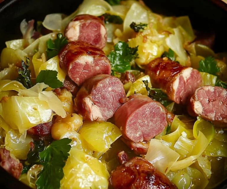 Savooiekool met worstjes in een kleurrijk gerecht
