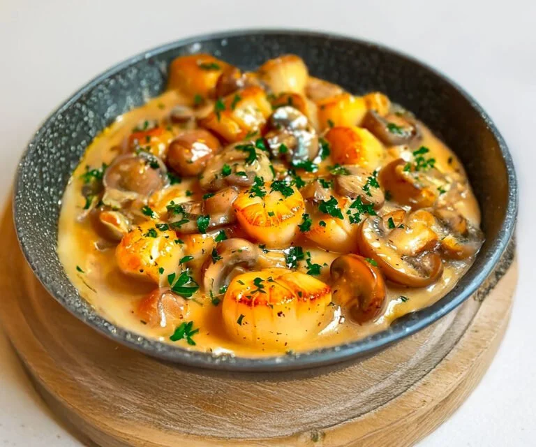 Sint-jakobsschelpen geserveerd met romige champignonroomsaus