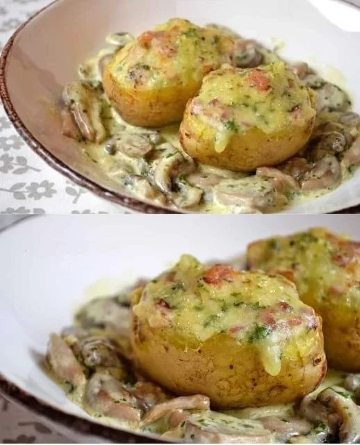 Aardappels gevuld met spek en Reblochon champignons in een romige saus