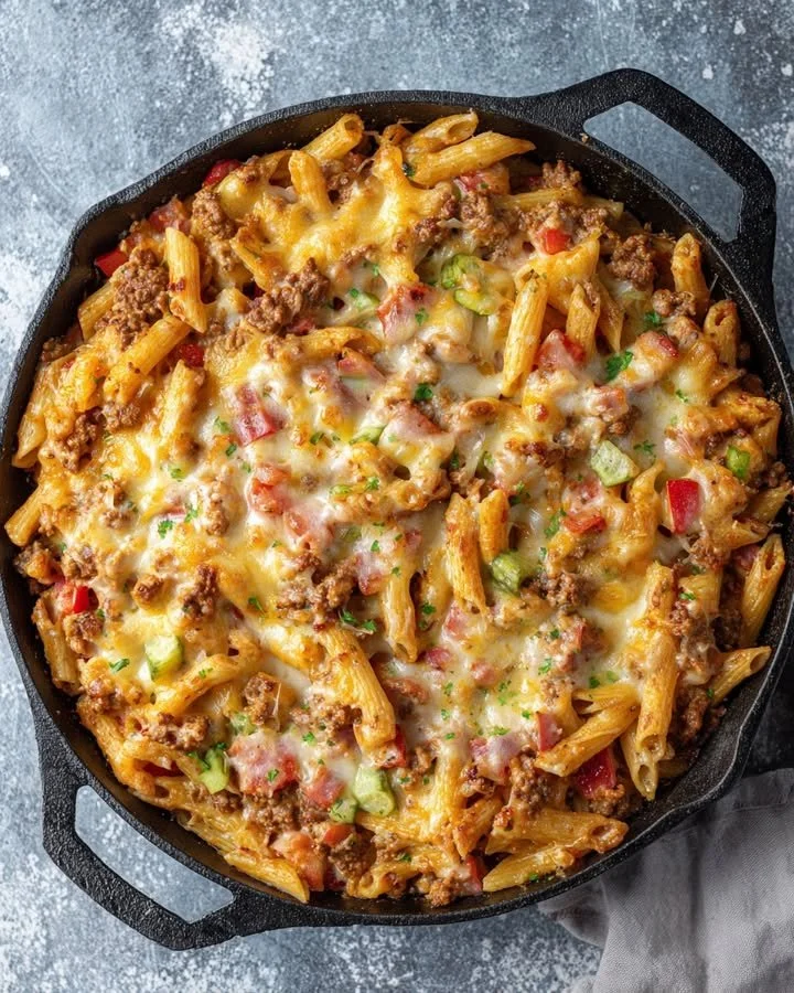 Bacon Cheeseburger Pasta ovenschotel met smeltende kaas en augurken