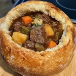 Beefstoverij geserveerd in een broodkom voor een smakelijke maaltijd.