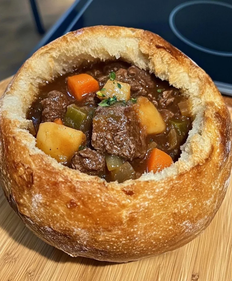 Beefstoverij geserveerd in een broodkom voor een smakelijke maaltijd.