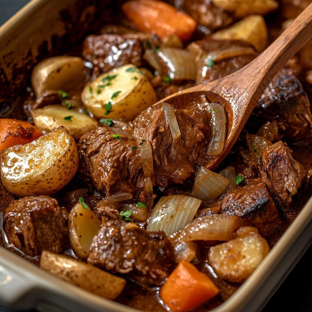 Een smakelijke biefstoofpot geserveerd met aardappelpuree en groenten.