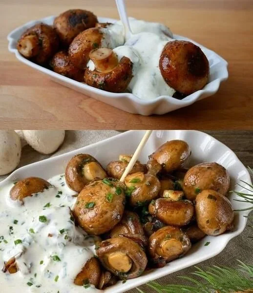 Kermis champignons bereid met speciale kruiden en geserveerd op een bord.