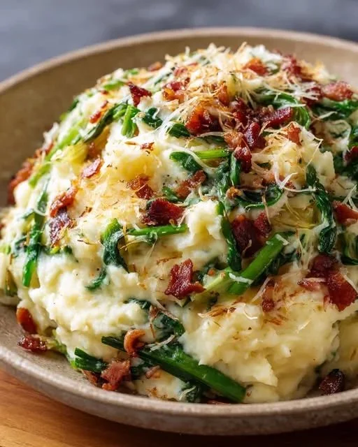 Cichorei Puree met Spek en Kaas op een bord gepresenteerd