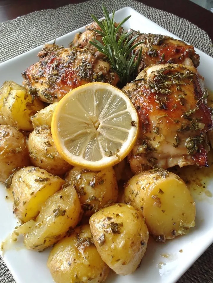 Citroenkruiden gegrilde kip met aardappelen op een bord