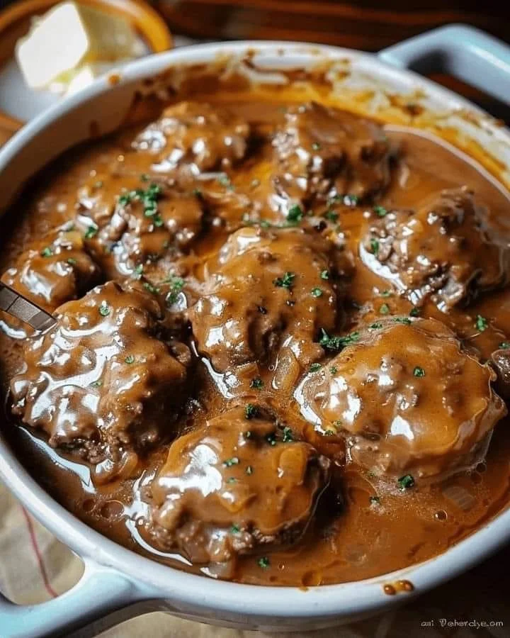 Heerlijke Salisbury Steak met jus en groenten op een bord