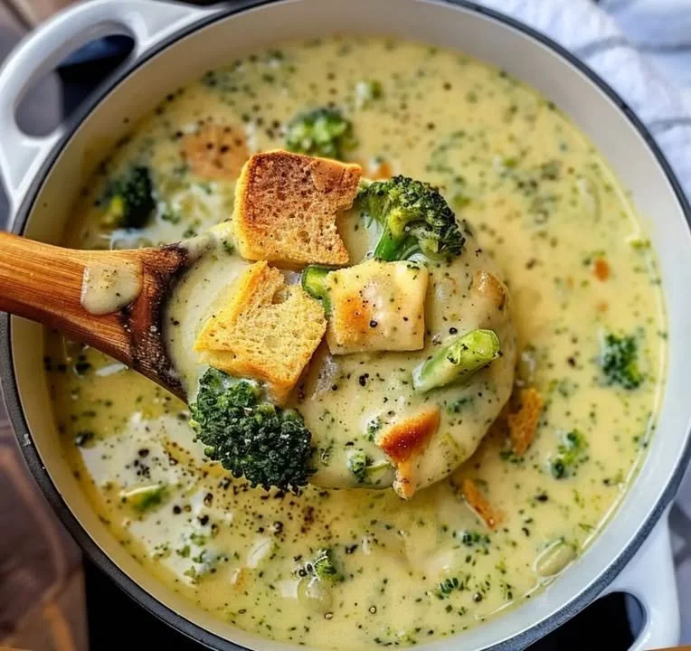 Fluweelzachte broccoli-cheddar soep in een kom, geserveerd met vers brood.
