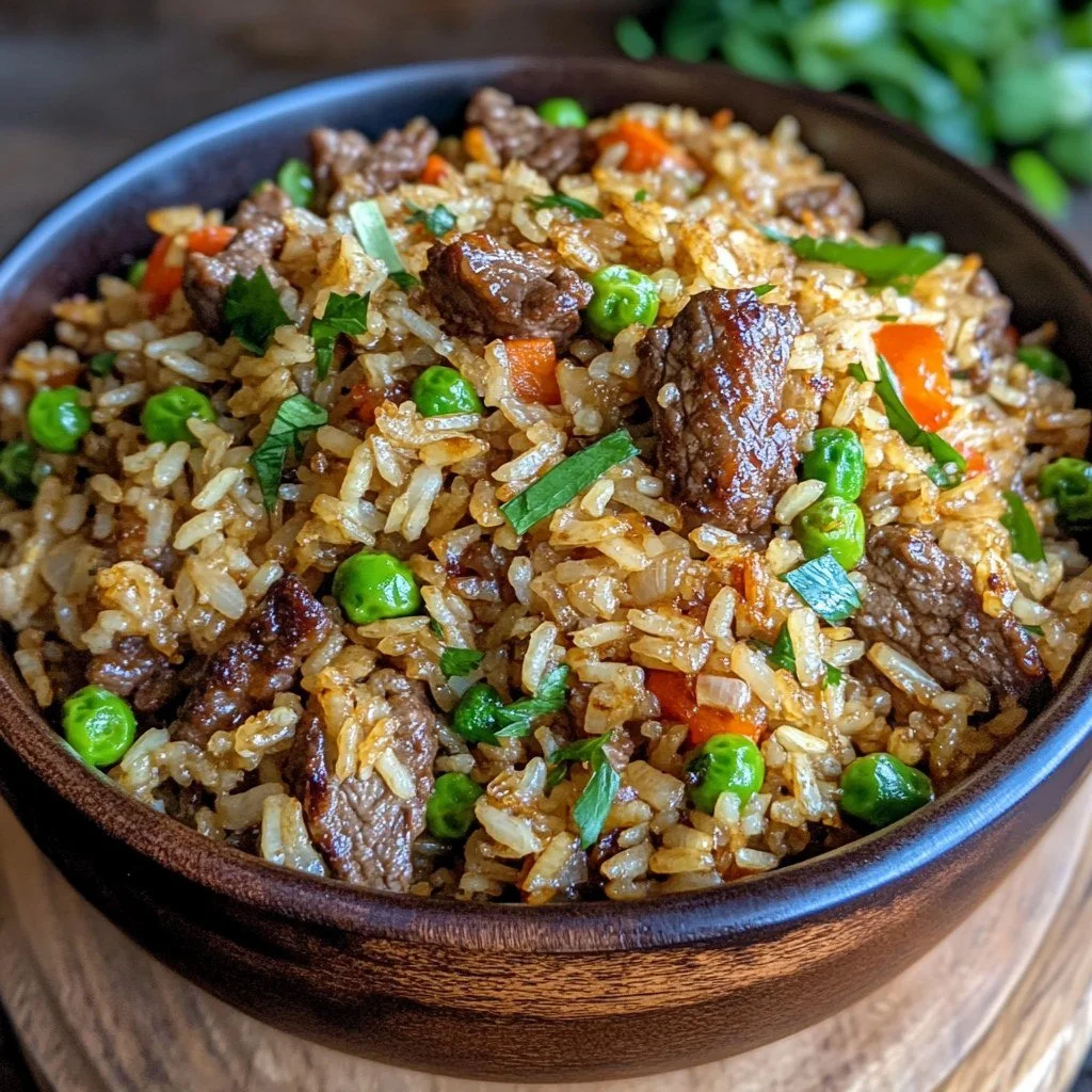 Gebakken rijst met rundvlees en knoflookboter op een bord